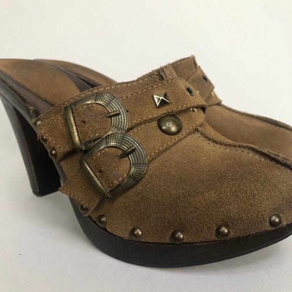 B2 mule high heels. Wood and Suede. Used, but in good condition. Size 8, brown. - Picture 7 of 10